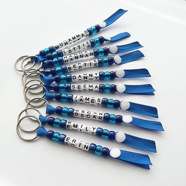 Personalised Beaded Blue Keyring, Handmade Keychain, End of Term, Personalised Gift, Book bag name tag, Lunch Bag Name Label, Back to School