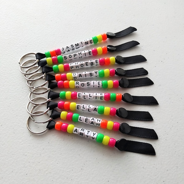 Personalised NEON Keyring, End of year gifts for students, School Teacher Class Gift, Handmade Beaded Keychain, Lunch, Book Bag, Name Label