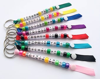 Back to School, Book Bag name tag, Lunch Bag Name Label, Bag charm, Personalised Beaded Keyring, Handmade Keychain, Gift idea, Luggage tag