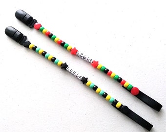 Personalised Reggae Rasta Dummy Clip: Beaded Pacifier Chain, Baby gift, Pacifier Clip, Soother Clip, strap, holder,