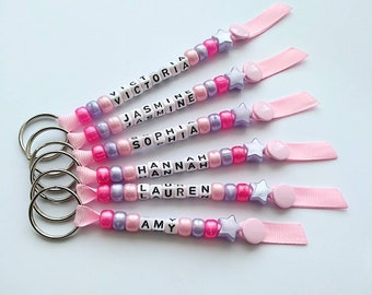 Personalised Beaded Keychain: Princess Theme Bag Tag, Lilac & Pink, Book Lunch Bag name tag, Label, charm, Beaded Keyring, Handmade, Gift