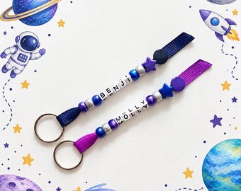Personalised Space Theme Party Favours, Custom Beaded Name Keyrings, Galaxy Birthday Party Bag Fillers, Kids Space Party Gifts, Book Bag Tag