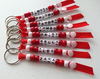 Personalised RED Keyring, School Teacher Class Gift, Handmade Keychain, End of Term Gift Idea, Book bag tag, Lunch Bag Name Label, Bag Charm