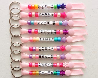 Personalised Pink themed Keyring, Party Bag Favours, Fillers, Handmade Beaded Keychain, End of Term Gift, Book bag, Lunch Bag, Name Tag