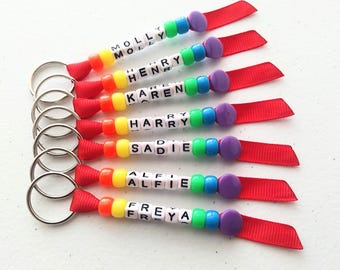 Personalised Beaded Rainbow Name Keyring: Party Favour, School Bag Tag, Gift Filler, End of Year Class Gift Idea