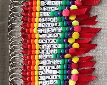 School Teacher Class Gift, Personalised Beaded Keyring, Handmade RAINBOW Keychain, End of Term, Personalised Gift, Book Lunch Bag Name Label