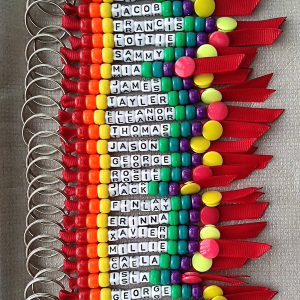 School Teacher Class Gift, Personalised Beaded Keyring, Handmade RAINBOW Keychain, End of Term, Personalised Gift, Book Lunch Bag Name Label