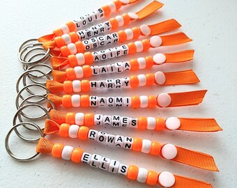 Personalised Beaded ORANGE Keyring, Handmade Keychain, End of Term, Personalised Gift, Book bag name tag, Lunch Bag Label, Back to School