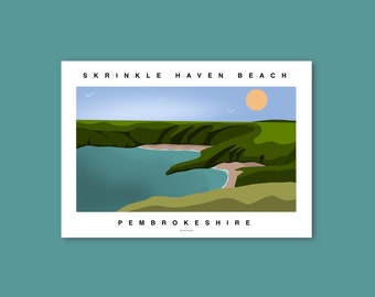 Skrinkle Haven Beach  | Pembrokeshire Beach Print | Wales | Surf Beach Surfing Coastal | Illustration Print | Emily May Designs