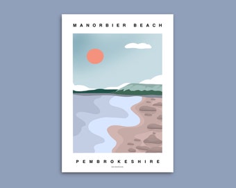 Manorbier Beach | Pembrokeshire Print | Wales | Surf Beach Surfing Coastal | Illustration Print | Emily May Designs