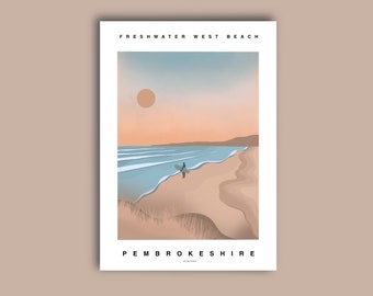 Freshwater West Beach | Pembrokeshire | Surf Print | Wales | Surf Beach Surfing Coastal | Illustration Print