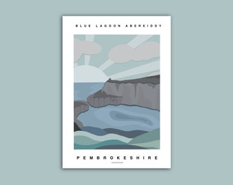 Blue Lagoon Abereiddy  | Pembrokeshire Print | Wales | Surf Beach Surfing Coastal | Illustration Print | Emily May Designs