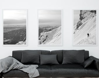 Set of 3 Ski Posters, Winter Skiing Prints. Wall Art Decor, Photographic Art, Photos, Gift Idea, Scenery Art, Black and White, Vintage