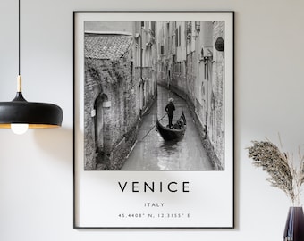 Venice Italy Travel Poster: Black and White Gondola Print