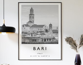 Bari-Reisedruck, Bari-Reiseposter, Italien-Reisedruck, italienischer Druck, Schwarz-Weiß-Reiseposter, Reisekunst, Reisegeschenk