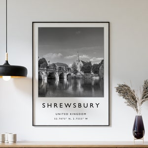 Lámina de viaje de Shrewsbury, póster de viaje de Shrewsbury, Inglaterra, lámina de viaje por el Reino Unido, arte de viaje, póster de viaje, blanco y negro, regalo, A2/A3/A4