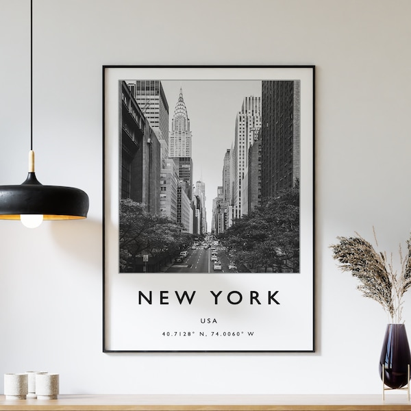 Impression de voyage à New York, affiche de voyage à New York, affiche de voyage aux États-Unis, impression d'art de voyage en Amérique, art noir et blanc, affiche de coordonnées
