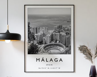 Malaga Poster, Malaga Travel Print, Spain Travel Poster, Travel Decor, Minimalist Travel Poster, Black and White Poster, Gift, A1/A2/A3/A4