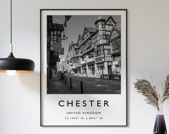 Chester Travel Print, Chester England Travel Poster, UK Travel Print, Travel Art, Travel Poster, Black and White, Gift, A2/A3/A4