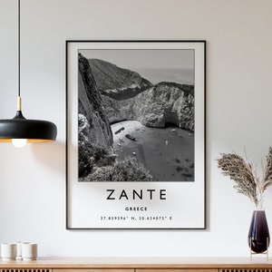 Zante Travel Print, Zante Greece Travel Poster, Greece Travel Print, Travel Art, Travel Poster, Black and White, Gift, A2/A3/A3