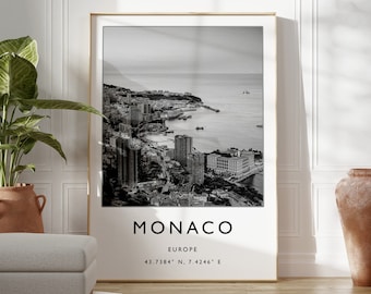 Stampa di viaggio di Monaco, poster di viaggio di Monaco, regalo della costa francese, arte di viaggio in Francia, decorazioni di viaggio di Monaco, stampa di viaggio in bianco e nero