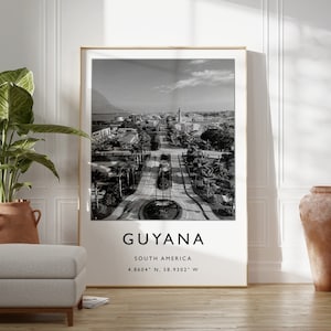 Stampa di viaggio della Guyana, poster di viaggio della Guyana, stampa di viaggio dei Caraibi, arte di viaggio tropicale, arte in bianco e nero