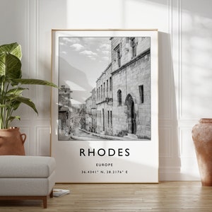 Stampa di viaggio di Rodi, poster di viaggio di Rodi, regalo per la Grecia, arte di viaggio greca, decorazioni di viaggio greche, stampa di viaggio in bianco e nero
