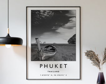 Phuket Thailand Travel Poster: Minimalist Black and White Print