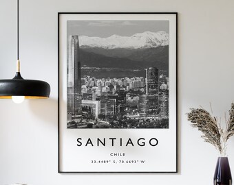 Santiago Chile Travel Poster: Minimalist Black and White Print