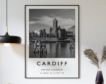 Impresión de Cardiff, Gales: Póster de viaje en blanco y negro