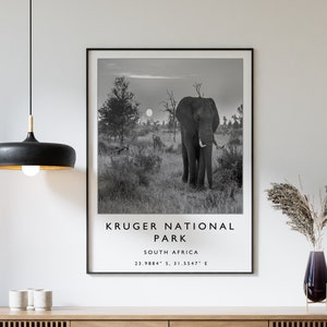 Reisafdruk Kruger National Park, reisposter Zuid-Afrika, reisposter Afrika, reiskunst, reiskunst, reisposter, zwart-wit, cadeau, A2/A3/A3