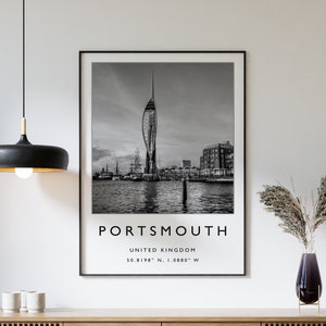 Portsmouth reisprint, Portsmouth reisposter, Engelse stad reizen print, reiskunst, reisposter, zwart-wit, cadeau, a2/a3/a4