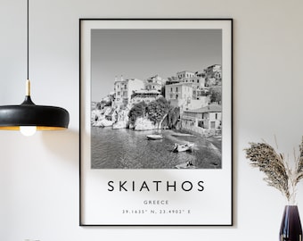 Impresión de viaje a Skiathos, Grecia: Póster de playa en blanco y negro