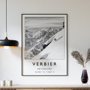 Skiing Travel Poster, Verbier Switzerland Ski Print, Swiss Travel Print, Skiing Wall Art, Skiing Print, Winter Sport Art, Gift, A1/A2/A3/A4