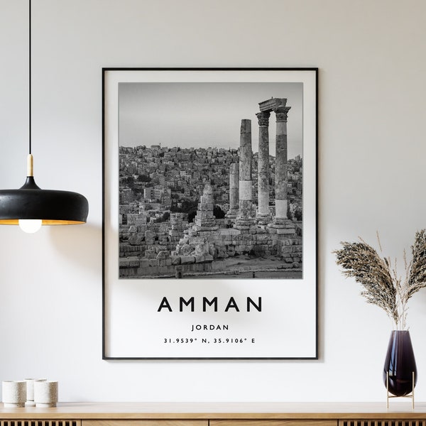 Impression de voyage d'Amman, affiche de voyage d'Amman, impression de voyage en Jordanie, art de voyage au Moyen-Orient, affiche de voyage, cadeau de voyage noir et blanc