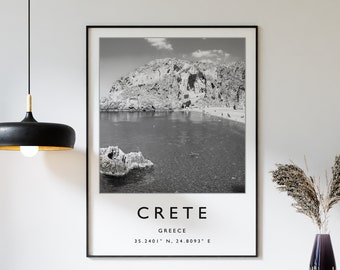Crete Greece Travel Poster: Minimalist Black and White Beach Print