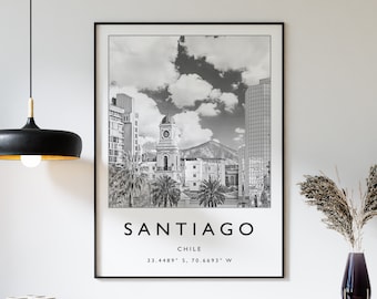 Santiago Chile Travel Poster: Minimalist Black and White Print