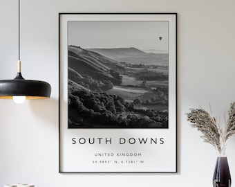 South Downs Travel Print, South Downs England Travel Poster, UK Travel Print, Travel Art, Travel Poster, Black and White, Gift, A2/A3/A4