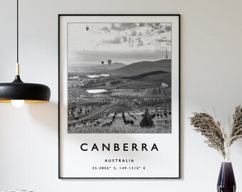 Canberra Travel Print, Canberra Travel Poster, Australia Travel Poster, Travel Art Print, Black and White Art, Coordinates Poster