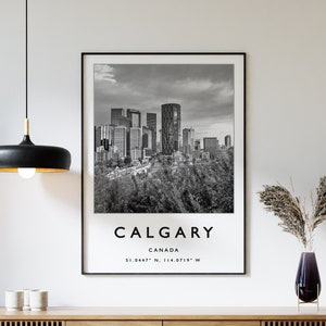Calgary Travel Print, Calgary Travel Poster, Canada Travel Poster, Canada Travel Art Print, Black and White Art, Coordinates Poster