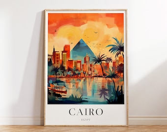 Impression de voyage au Caire, affiche de voyage en Egypte, affiche du Caire, décoration de voyage colorée, art mural voyage vintage, cadeau pour voyageur, A1/A2/A3/A4