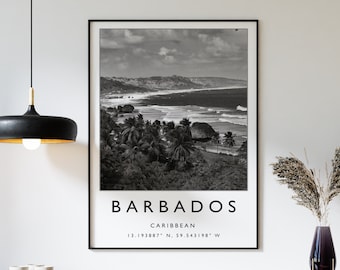 Impression de voyage à la Barbade, affiche de voyage à la Barbade, impression de voyage dans les Caraïbes, oeuvre d'art de voyage, affiche de voyage, noir et blanc, cadeau de voyage, A2/A3/A3