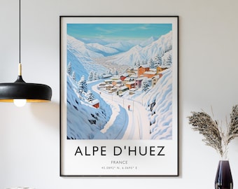 Póster de esquí de Alpe d'Huez: impresión de arte de viaje de Francia
