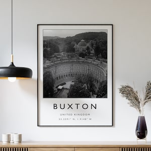 Stampa di viaggio di Buxton, poster di viaggio di Buxton, Inghilterra, stampa di viaggio del Peak District, arte di viaggio, poster di viaggio, bianco e nero, regalo, formato A2/A3/A4