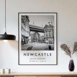 Stampa di viaggio di Newcastle, poster di viaggio di Newcastle, stampa di viaggio in Inghilterra, arte di viaggio, poster di viaggio, bianco e nero, regalo, formato A2/A3/A4