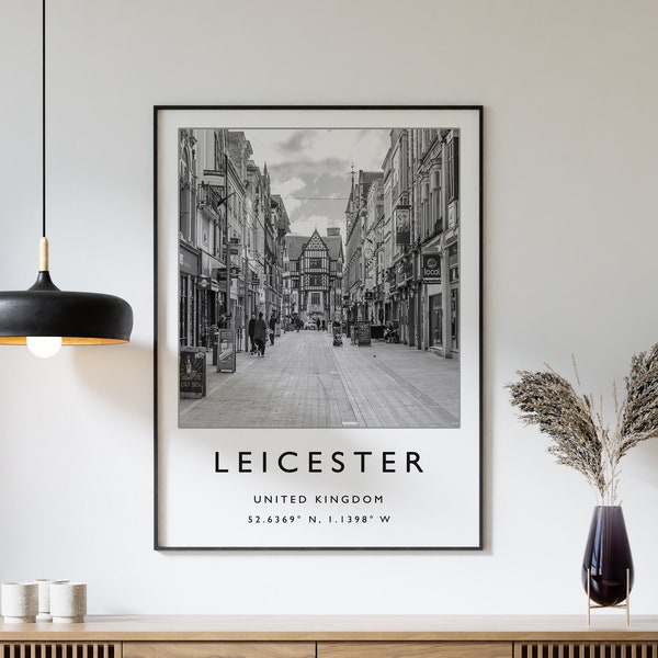 Leicester Travel Print, Leicester Travel Poster, English City Travel Print, Travel Art, Travel Poster, Black and White, Gift, A2/A3/A4