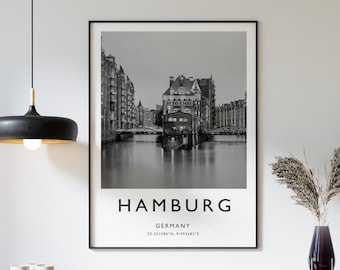 Hamburg Germany Travel Poster: Black and White City Print