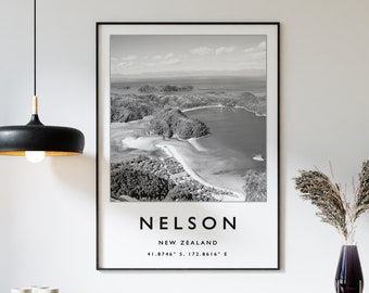 Nelson Travel Print, Nelson Travel Poster, New Zealand Travel Poster, Travel Art Print, Black and White Art, Coordinates Poster