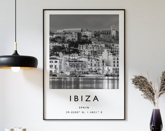 Cartel de Ibiza, Impresión de viajes de Ibiza, Cartel de viajes de España, Decoración de viajes, Cartel de viaje minimalista, Blanco y negro, Regalo, A1/A2/A3/A4