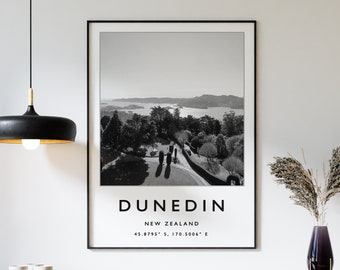 Dunedin Travel Print, Dunedin Travel Poster, New Zealand Travel Poster, Travel Art Print, Black and White Art, Coordinates Poster